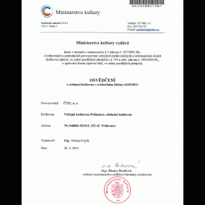 Osvědčení o registraci Knihovny Průhonice na Ministerstvu kultury